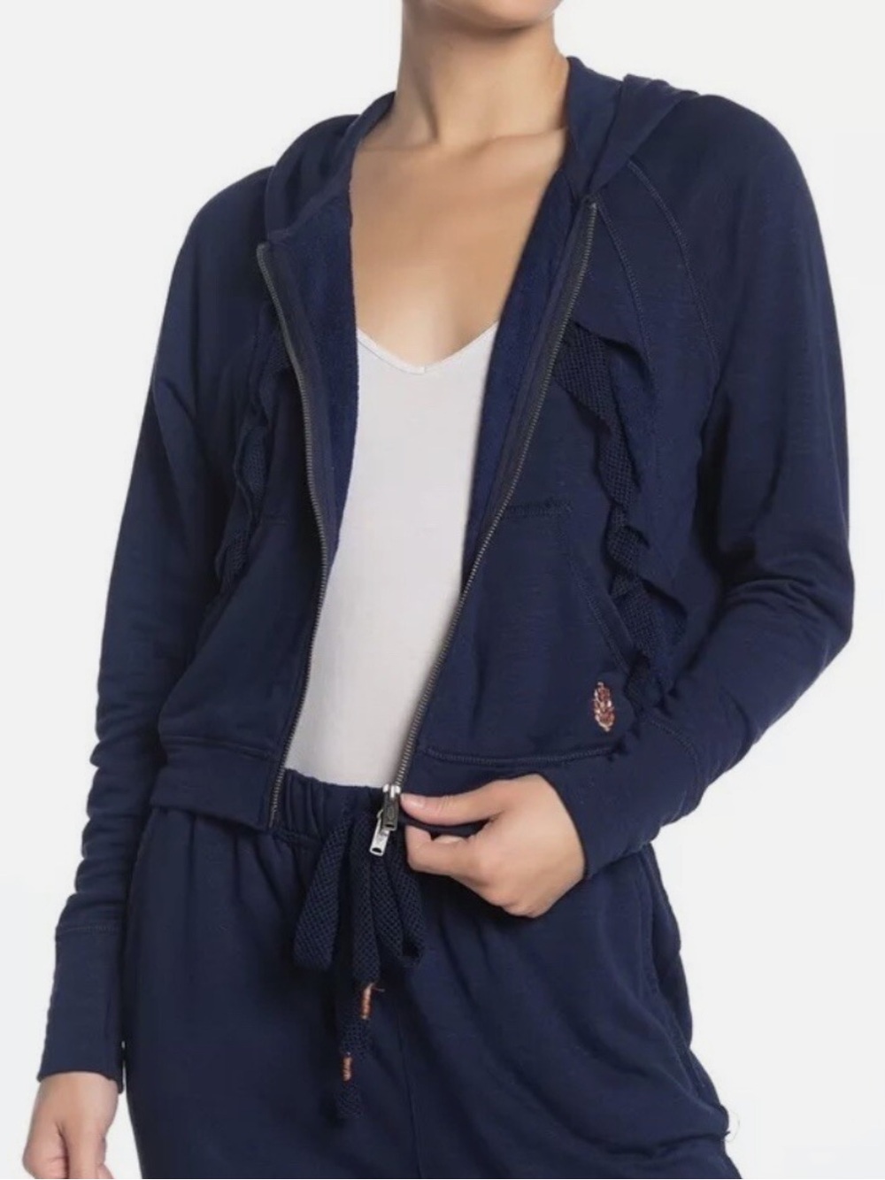 Free People FP Movement Game Plan Ruffle Hoodie in Navy Sz M